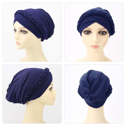 DRESHOW Turban Pre-Tied Twisted Hat Thread African Head Wraps for Black Women Chemo Cancer Cap Braid Hair Cover - color: 1 Pack Twisted Braid Hat: Navy Blue
