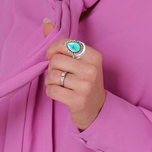 Crescent Moon Turquoise Stone Ring for Women,S925 Sterling Silver Waterdrop Shaped Gemstone Boho Statement Ring Jewelry Gift for Her - color: Ring_A