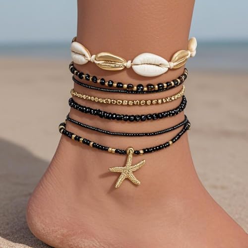 Mermaid Starfish Anklet Bracelets for Women Bohemian Beaded Anklet Adjustable Rice Bead Anklets Bracelet Handmade Woven Hawaiian Beach Seashell Pearls Waterproof Anklets Summer Beach Mermaid Jewelry - color: Black