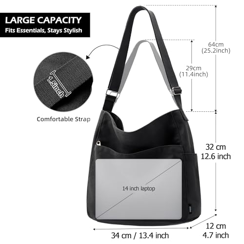 KALIDI Canvas Tote Bag Large Hobo Crossbody Shoulder Handbag Zipper Messenger Bag for Women or Men Casual College Work - color: Black
