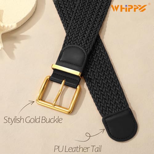 WHIPPY Women Wide Woven Belt Fashion Boho Rattan Braided Belt with Gold Buckle Raffia Straw Woven Waistband for Dresses - color: Black, size: Fit Waist Size 39"-43"