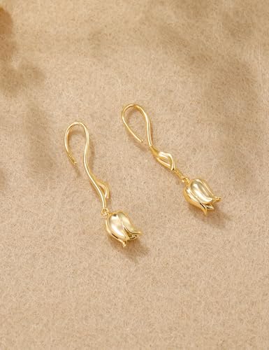 Mameloly Flower Earrings for Women Dainty 14K Gold Plated White Freshwater Pearl Stud Earrings Hypoallergenic - color: Tulip