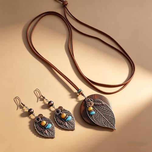 Wooden Leather Necklaces Set Bohemian Wood Stack Discs Long Chain Hemp Rope Bronze Plated Pendant Ethnic Tribal Fall Leaf Earrings Jewelry Statement Necklace - color: R-020