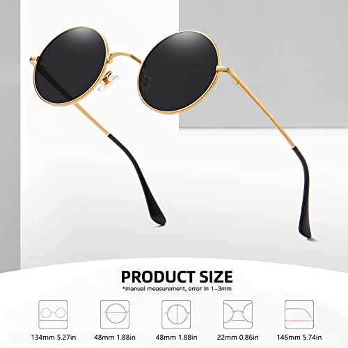 MEETSUN Small Round Polarized Sunglasses for Men Women Metal Retro Hippie Circle Sun Glasses Driving Festival Cosplay UV400 - color: Black / Grey + Gold / Grey