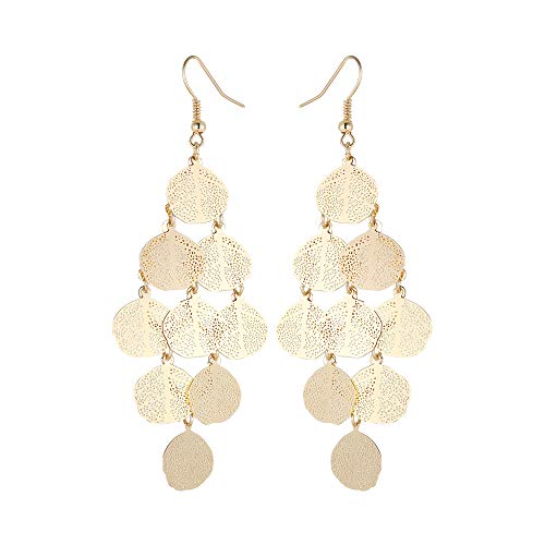 Bohemian Boho Filigree Leaf Chandelier Dangle Earrings for Women – Handcrafted Delicate – 14K Gold Plated – Lightweight - style: Gold - 5 Layered Circle Leaf Chandelier