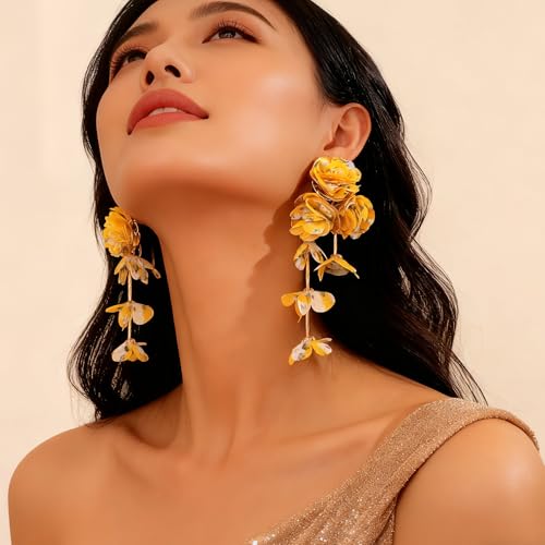 Fabric Flower Earrings for Women Colorful Long Tassel Floral Drop Earrings Fashion Boho Exaggerated Statement Beach Party Jewelry - color: Color Yellow