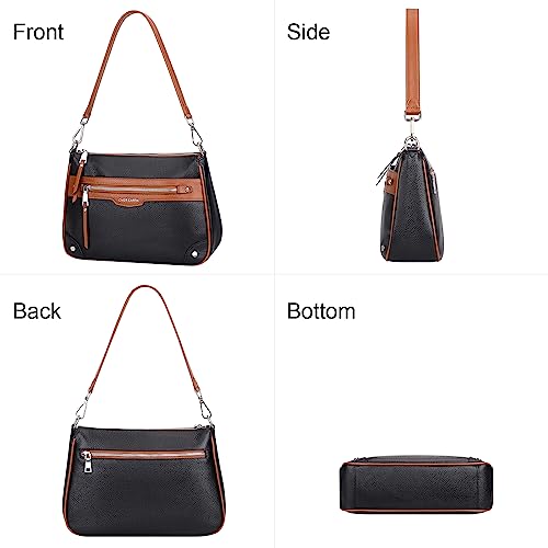 Over Earth Soft Genuine Leather Crossbody Bags for Women Medium Shoulder Purses Hobo Handbags with Multi Pockets - color: 02-black/Brown