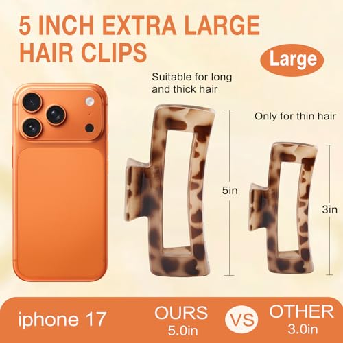 6 Pack 5 Inch Extra Large Claw Clips for Thick Hair, Jumbo Claw Clip for Women Girls, Strong Hold Non-slip Hair Clips for Thick/Long/Curly Hair, XL Square Jaw Accessories, Tortoise Shell - color: Tortoise