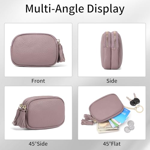 SENDEFN Coin Purse Keychain Small Genuine Leather Women Wallet 2 Zippers Around Key Ring Change Pouch Cash Holder - color: 3-Pink