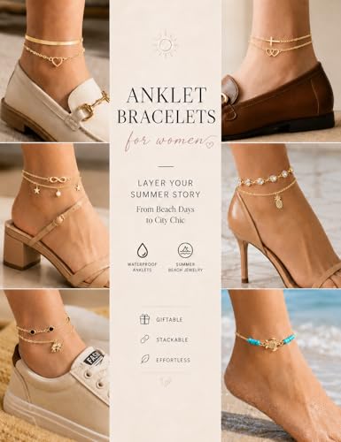 FASACCO 20Pcs Ankle Bracelets for Women Adjustable Beach Anklet Set Surfer Anklet Heart Star Turtle Infinite Anklets Foot Jewelry - color: gold tone