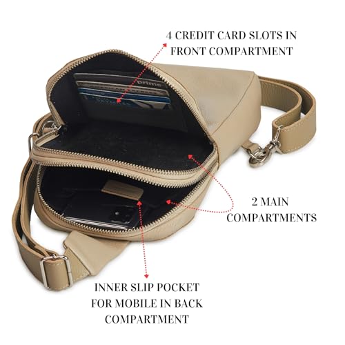 Leather Sling Bag for Women Genuine Crossbody Purse Small Trendy Cross Over Chest with Phone and Credit Card Slots (Beige Nappa) - color: Beige Nappa