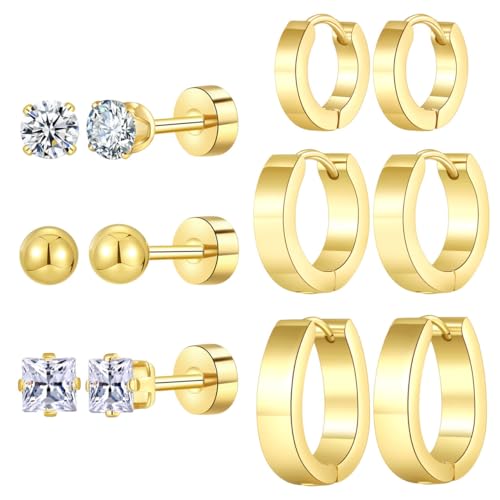 Silver Gold Plated Surgical Steel Flat Back Earrings for Women Hypoallergenic 14K Gold Plated Stud Huggie Earring Set Fashion Shell Cubic Zirconia Flatback Studs Cartilage Earrings Pack for Multiple Piercing 5/8Pairs - color: 6 Pairs Gold Plated Hoop Flat