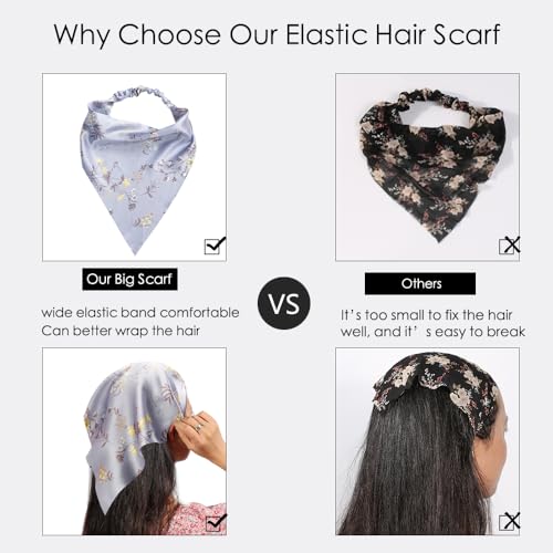 Vercret 6 Pack Hair Scarf Headband for Women Elastic Bandana Head Scarf Large Boho Triangle Kerchief with Clips Non Slip Scarves - color: Floral