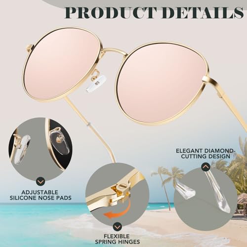 GQUEEN Retro Round Polarized Sunglasses Womens Men Spring Hinge Metal Frame Trendy Hippie Oval Sun Glasses Shades UV400 - color: 1 Gold Frame/ Mirrored Pink Lens