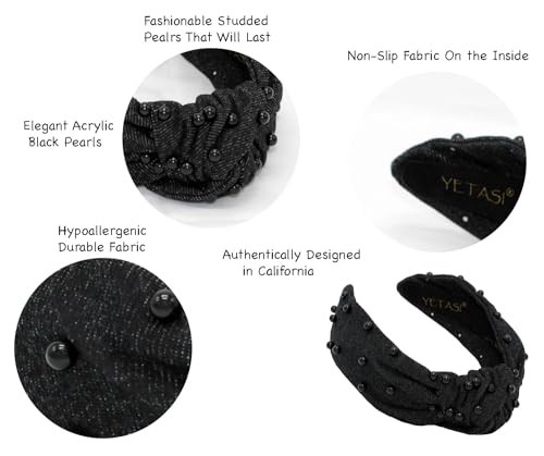 Black Headbands for Women are Unique. Pearl Denim Knotted Headband for Women is a Comfy Top Knot Head bands For Women's Hair. Get Complements with Cute Jean Girls Band - color: Black Denim Pearl