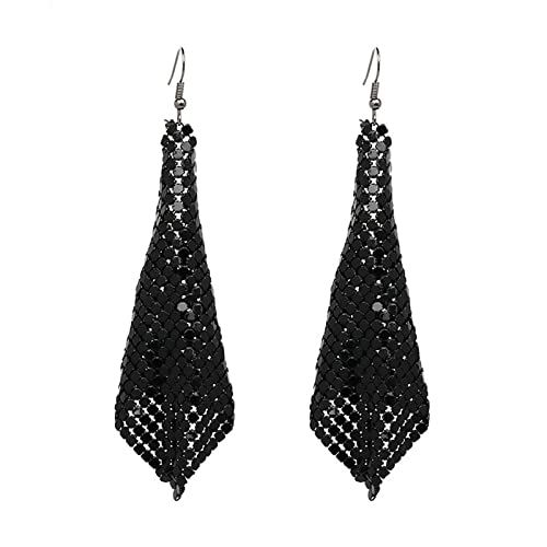 coadipress Metal Mesh Grid Sequins Tassel Long Drop Dangle Earrings for Women Trendy Lightweight Charms Disco Vintage Colorful Long Hook Earrings Bridal Wedding Jewelry - color: Black