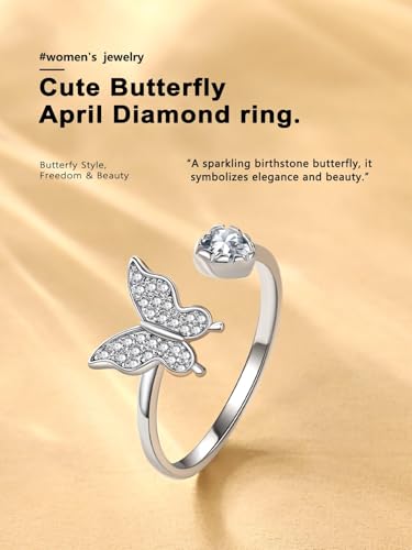 Bestyle 925 Sterling Silver Butterfly Ring Hypoallergnic Adjustable Birthstone Rings for Women Butterfly Jewelry Gifts for Anniversary Mothers' Day Birthday - color: 04.April (Diamond)
