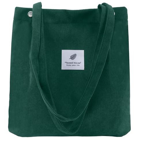 Corduroy Tote Bag for Women Small Canvas Shoulder Purse Cord Handy Bag with Inner Pocket | with Front Pocket - color: 02 Green