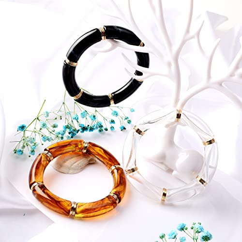 GOOJIDS Simple Beaded Gold Plated Bangles Bracelet Chunky Bamboo Tube Curved Stacking Clear Acrylic Colorful Beads Stretchable Gold Plated Bracelets Set For Women - color: Q-Black 3PCS Set