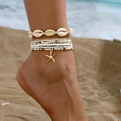 Shell Bracelet,Gold Plated Starfish Ankle Bracelets for Women Waterproof Stack Beaded Anklet Boho Hawaiian Vacation Beach Jewelry Gifts - style: sea shell