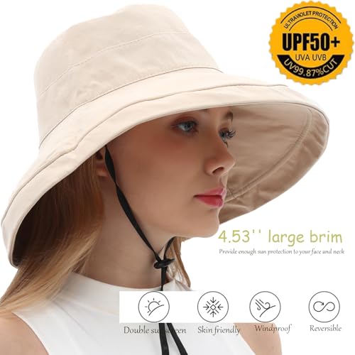 vidsel Womens Sun Hats Wide Brim Reversible Bucket Cotton Hat Packable Summer Travel Cap with Hat Clip,UV Protection - color: Medium-beige1, size: Medium