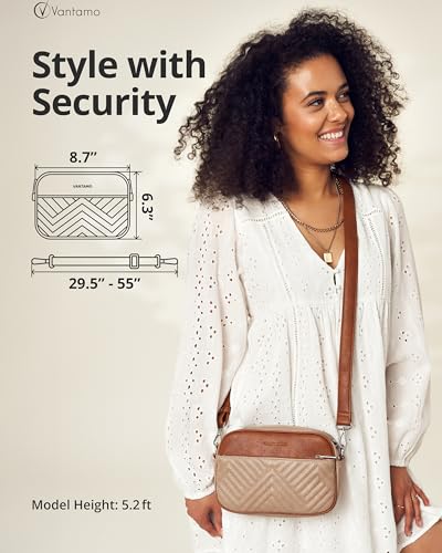 Vantamo Premium Quilted Crossbody Bags for Women with Anti-Pickpocket Clip, Vegan Leather Handbags, Travel Purses for Women - color: Stone & Brown With Faux Leather Strap