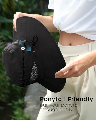 FURTALK Womens Sun Hat with Ponytail Hole Beach Hiking Summer Wide Brim UPF 50+ Outdoor Protection Foldable Bucket Hat - color: Black