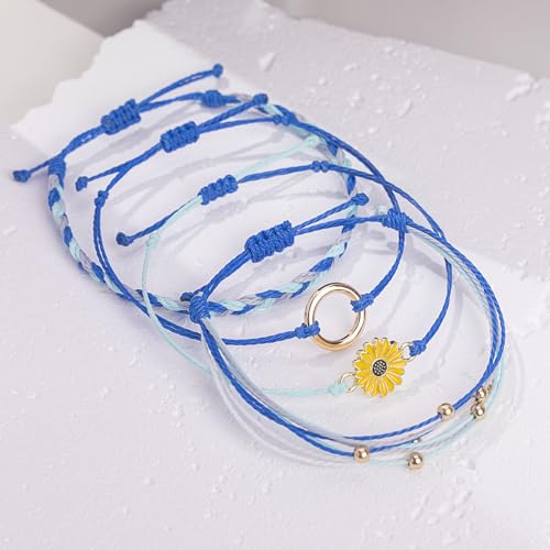 FANCY SHINY Easter Gifts Basket Stuffers Sunflower String Bracelet Boho Braided Rope Wrap Bracelets Cute Summer Beach Surfer Jewelry for Women - color: Royal Blue