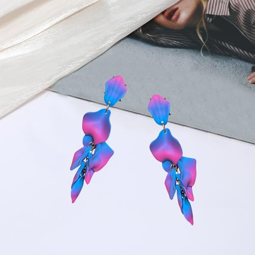 Long Acrylic Rose Petal Earrings Dangle Exaggerated Flower Earrings Drop Statement Floral Tassel Earrings for Women - color: Hot Pink + Blue