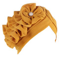Flower Turban Hats for Women - Ruffle Bead Stretch Solid Caps Chemo Cancer Pre Tied Headscarf Headwear - color: Yellow