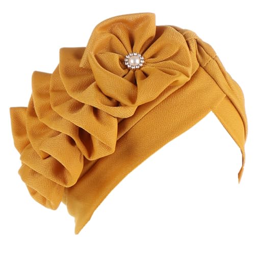 Flower Turban Hats for Women - Ruffle Bead Stretch Solid Caps Chemo Cancer Pre Tied Headscarf Headwear - color: Yellow