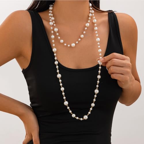 Long Necklaces for Women Pearl Necklaces for Women Long Chain Necklace Dainty Layered Pearl Necklace Statement Sweater Strand Chain Jewelry - color: Gold pearl