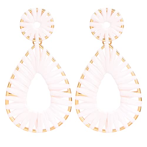 Raffia Teardrop Dangle Earrings Handmad Statement Drop Earrings - color: White
