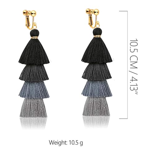 Clip on Earrings, Lightweight Colorful Layered Tassel Bohemian Statement Tiered Big Dangle Drop Earrings for Women, Non Pierced, Boho Jewelry - color: Black