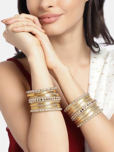 Aheli Ethnic Colorful Metal Bangles Chudha Set Stone Studded Bangle Set Indian Wedding Wear Fashion Jewelry Gift for Women Blue - color: Yellow
