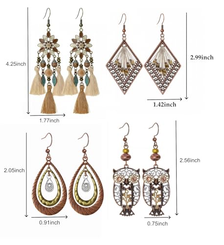 4 Pairs Vintage Boho Earrings for Women Green Bohemian Geometric Tassel Leaf Dangle Earrings Jewelry Accessories Gifts for Beach Festival & Everyday Wear - color: Brown style
