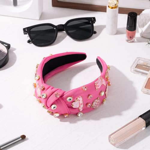 PANTIDE Western Jeweled Knotted Headband - Cowgirl Boots Hat Rhinestone Crystal Embellished Headband Wide Top Knot Fashion Hairband Hair Accessories Birthday Gift for Cowboy Women Girls (Hot Pink) - color: Hot Pink Western