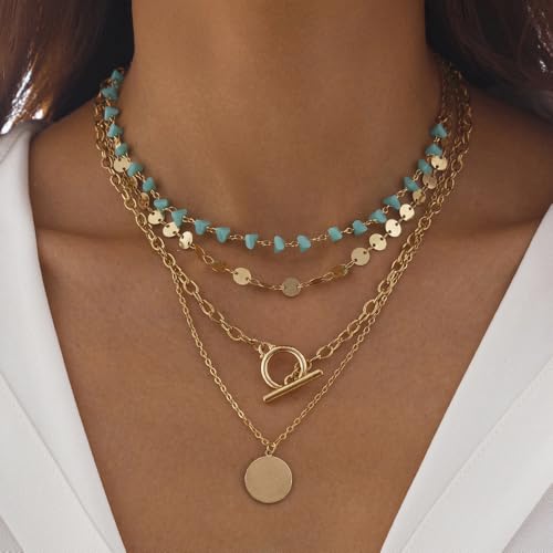 Layered Boho Necklace for Women Turquoise Stackable Sequin Coin Pendant Necklace Charm Toggle Clasp Beaded Chain Beach Prom Dresses Accessories - color: Gold-Round