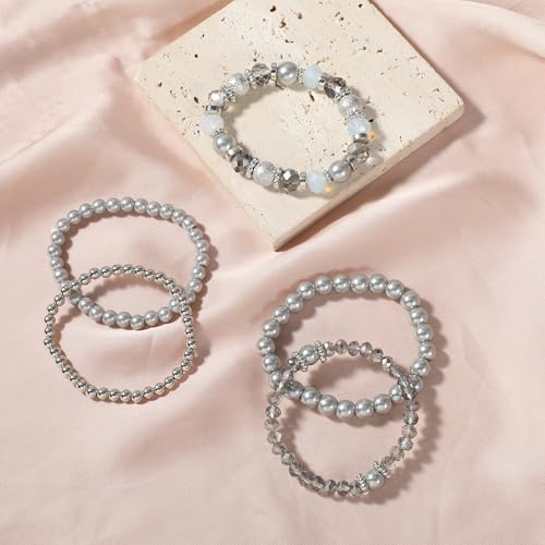 5PCS Beaded Stretch Bracelet Stackable Stylish Beaded Bracelets for Women Crystal Bead Boho Stretch Layering Stone Bracelets Trendy Costume Jewelry Gift Multilayered Disco Ball Faceted Bracelet - color: Gray, Silver