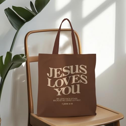 Jesus Tote Bag, Christian Tote Bags for Women, Religious Reusable Grocery Bags - color: Dark Brown