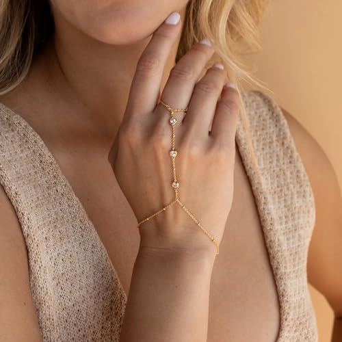 Poxtex Waterproof 14K Gold Plated Hand Chain Bracelet for Women, Non Tarnish Hypoallergenic Beaded Finger Ring Bracelet with Cubic Zirconia, Dainty Minimalist Boho Indian Style Stackable Wrist Body Jewelry for Summer Festival Vacation - color: Gold-Style