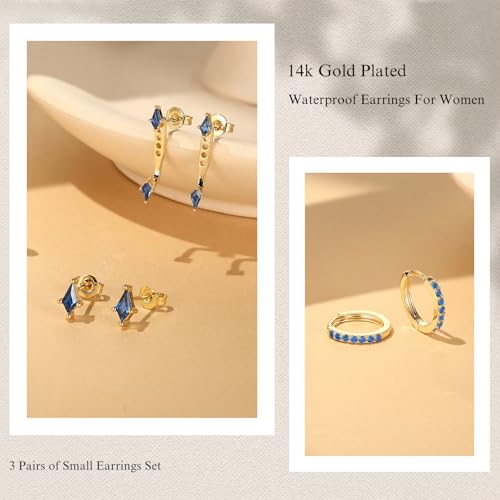 GEORGE · SMITH Stackable Kite Stud Earrings Set for Women, Gold & Silver Huggie Birthstone Jewelry with Emerald Green & Blue Sapphire, Trendy Earrings for Women 2025 - color: blue and gold kite stud