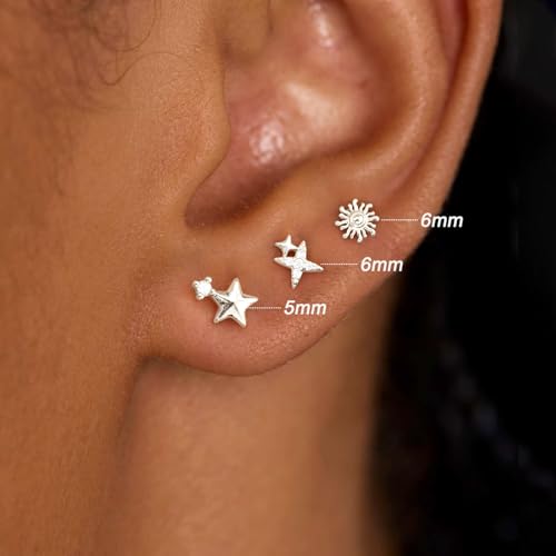 3 Pair Tiny Flat Back Earrings for Women - 14K Gold/White Gold Plated Dainty Cute Small Screw Flatback Stud Earring, Everyday Wear Gift - color: Star&Sun Flat-5/6/7mm Silver