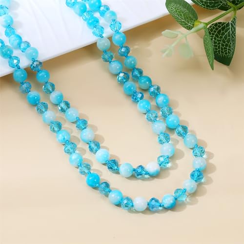 Long Beaded Necklace for Women Boho Colorful Crystal Stone Knot Statement Fashion Costume Jewelry Gifts - color: Aquamarine
