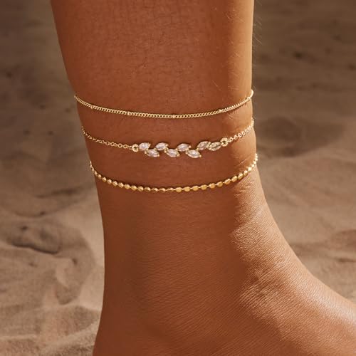 MIDEEO Gold/Silver Ankle Bracelets for Women,14K Gold Anklets for Women Waterproof Cuban Link Heart Beads Herringbone Rhinestone Anklets Set Layered Anklet Bracelets for Women Gold Jewelry Gift - style: 3Pcs Anklets I-Gold