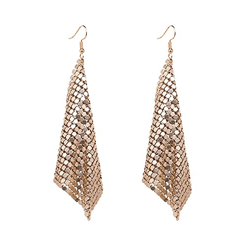 coadipress Metal Mesh Grid Sequins Tassel Long Drop Dangle Earrings for Women Trendy Lightweight Charms Disco Vintage Colorful Long Hook Earrings Bridal Wedding Jewelry - color: Gold Metal Mesh