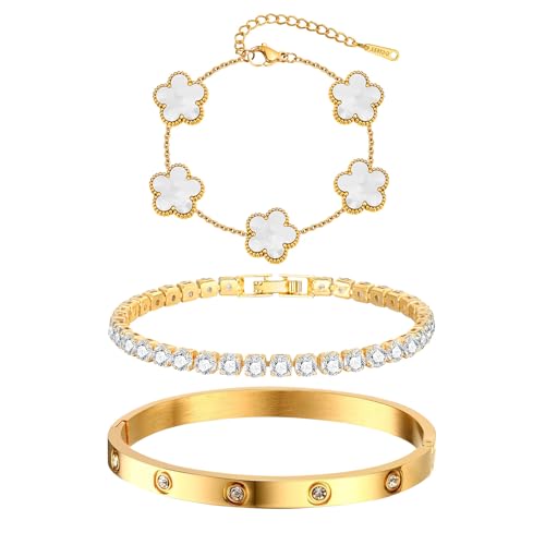 Womens Stackable Floral Gold Bracelets - 3Pcs 18K Gold Plated Bracelet,Stainless Steel Bangle Bracelets Non Tarnish, Gold Bracelet Set Trendy Jewelry,Christmas Valentines Birthday Gifts for Girlfriend - color: White