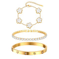 Womens Stackable Floral Gold Bracelets - 3Pcs 18K Gold Plated Bracelet,Stainless Steel Bangle Bracelets Non Tarnish, Gold Bracelet Set Trendy Jewelry,Christmas Valentines Birthday Gifts for Girlfriend - color: White