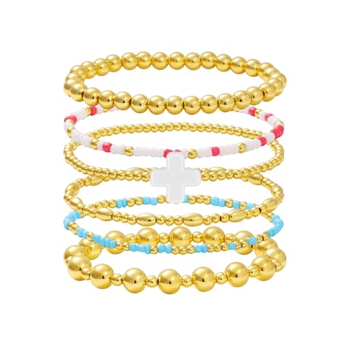 Gold Beaded Bracelets for Women: 14K Gold Bracelets for Women Trendy Dainty Gold Ball Bracelet Stack for Womens - Boho Stretch Bracelets Jewelry Sets with Cross Fashion Accessories Gifts for Women - style: Snowy Cross