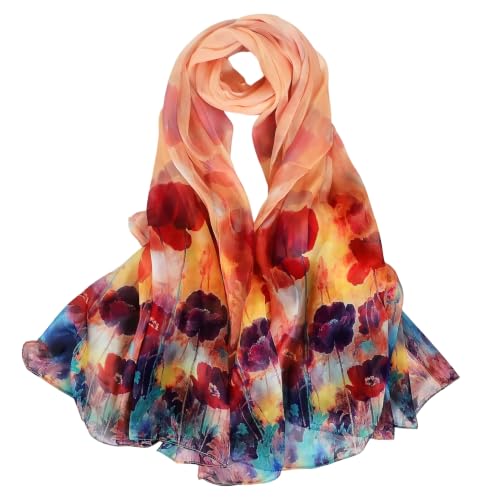 100% Mulberry Silk Women's Neck Silk Scarf-Lightweight Shawl,FLoral Print Beach Silk Wrap-Scarves for Photography - color: Red Poppy Floral
